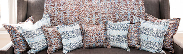 Ikat Turquoise and Chocolate Print on Natural Linen Covers