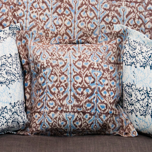 Ikat Turquoise and Chocolate Print on Natural Linen Cushions