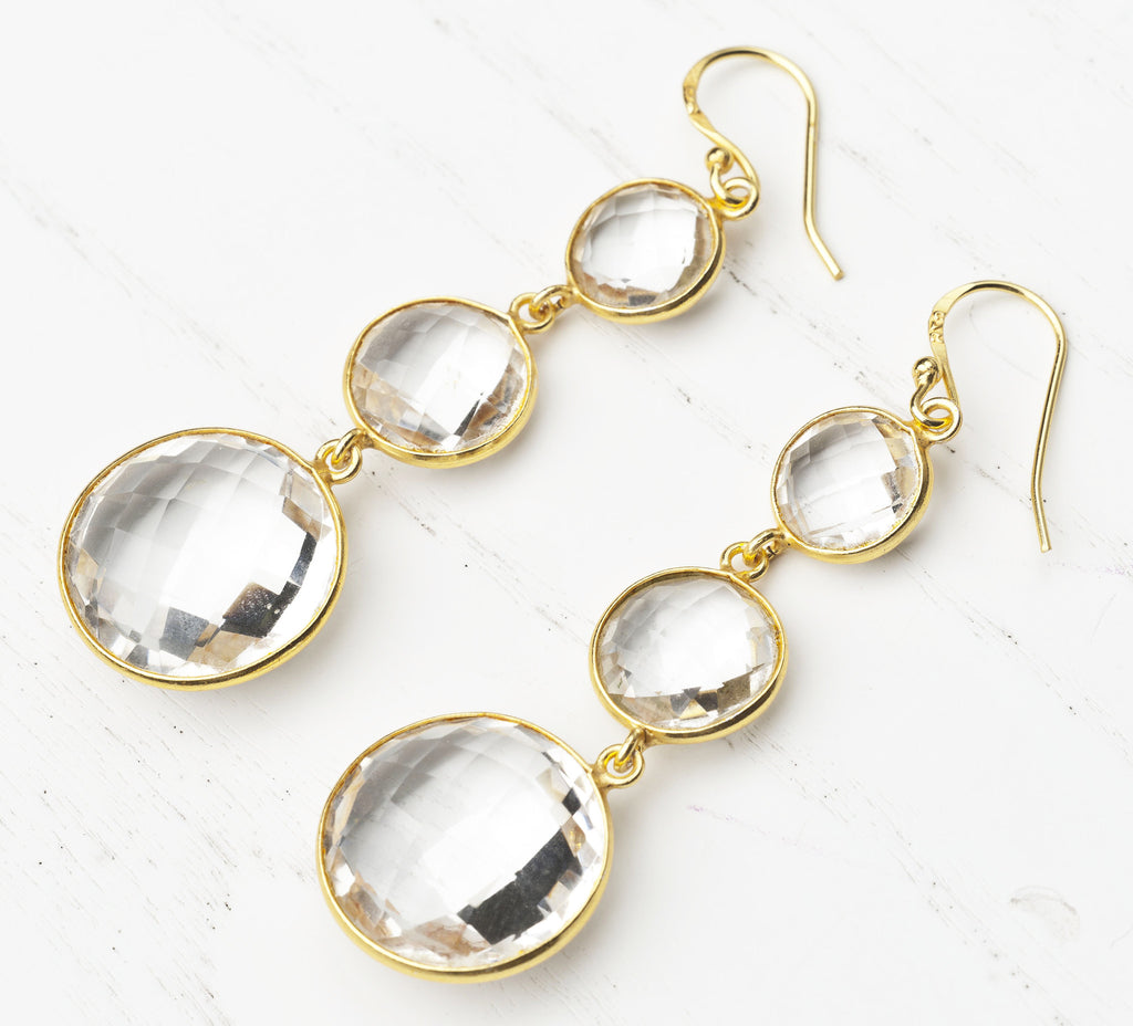 Triple Drop Rock Crystal Gold-Plated Earrings